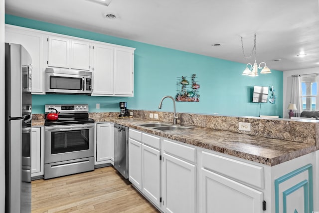 2022 N Waccamaw Dr, Garden City Beach, SC 29576 - kitchen with stainless steel appliances, a sink, a peninsula, white cabinets, and light wood-style flooring