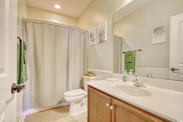 full bath featuring toilet, a shower with curtain, tile patterned flooring, and vanity