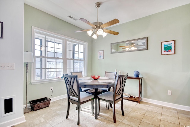 dining room with baseboards, visible vents, a ceiling fan, and light tile patterned flooring