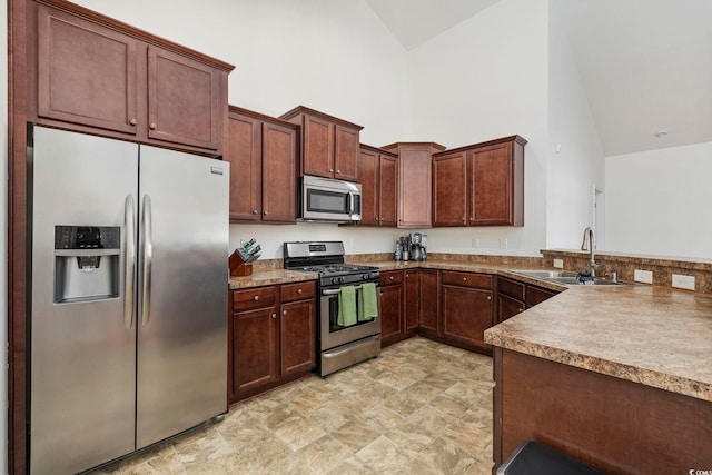 kitchen featuring appliances with stainless steel finishes, sink, high vaulted ceiling, and kitchen peninsula