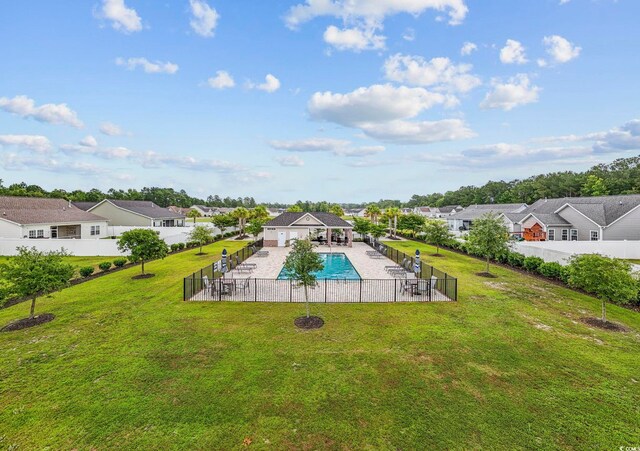 view of swimming pool with a gazebo, a lawn, and a patio