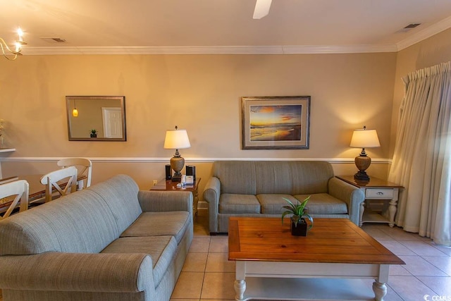 tiled living room with ornamental molding