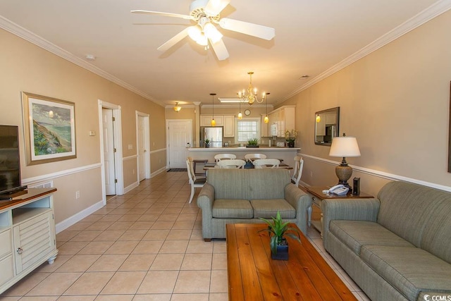 living room with crown molding, ceiling fan with notable chandelier, and light tile patterned floors