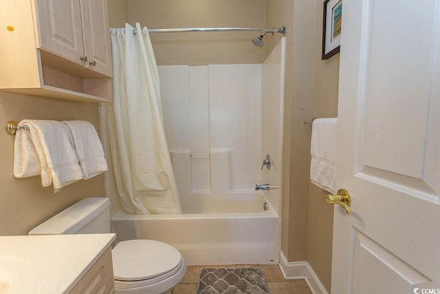 full bathroom with vanity, shower / bathtub combination with curtain, tile patterned floors, and toilet