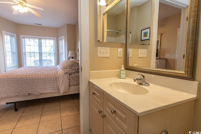 bathroom with vanity, tile patterned floors, and ceiling fan