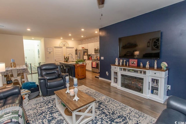 living room featuring dark hardwood / wood-style flooring and sink