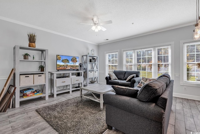 living room with crown molding, hardwood / wood-style floors, and a textured ceiling