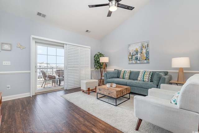 living room featuring ceiling fan, high vaulted ceiling, and dark hardwood / wood-style flooring