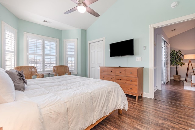 bedroom featuring ceiling fan, lofted ceiling, dark hardwood / wood-style floors, and a closet