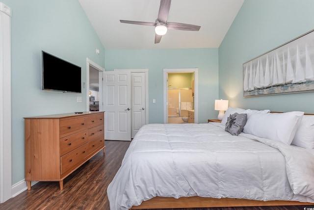 bedroom featuring dark hardwood / wood-style floors, ceiling fan, and ensuite bathroom