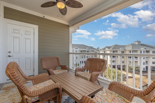 balcony featuring ceiling fan