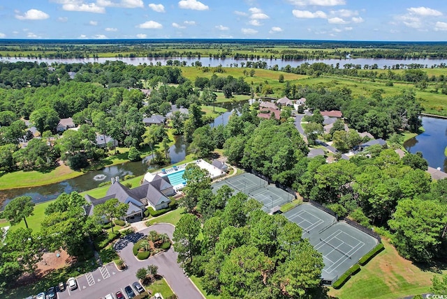 bird's eye view featuring a water view and a residential view