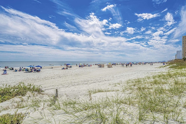 property view of water featuring a beach view