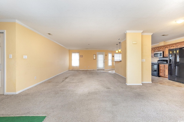 unfurnished living room featuring crown molding and light colored carpet