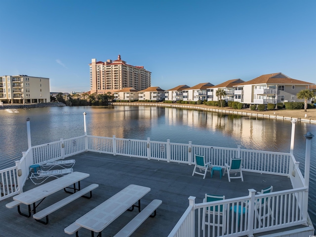 exterior space with a water view