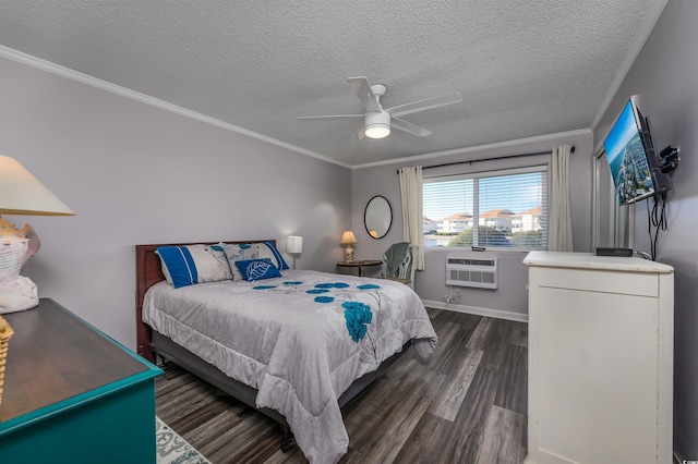 bedroom with dark hardwood / wood-style flooring, a wall mounted air conditioner, crown molding, and a textured ceiling