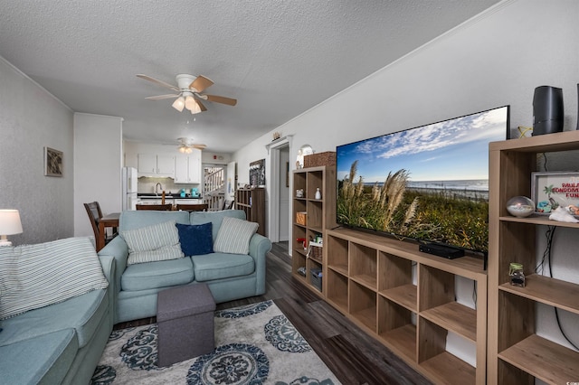 living room with dark wood-type flooring, ceiling fan, sink, and a textured ceiling