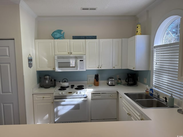 kitchen with white cabinetry, sink, and white appliances