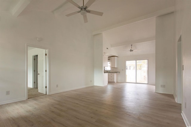 unfurnished living room featuring ceiling fan, high vaulted ceiling, beam ceiling, and light hardwood / wood-style floors