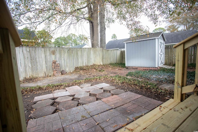 view of yard featuring a shed and a patio area