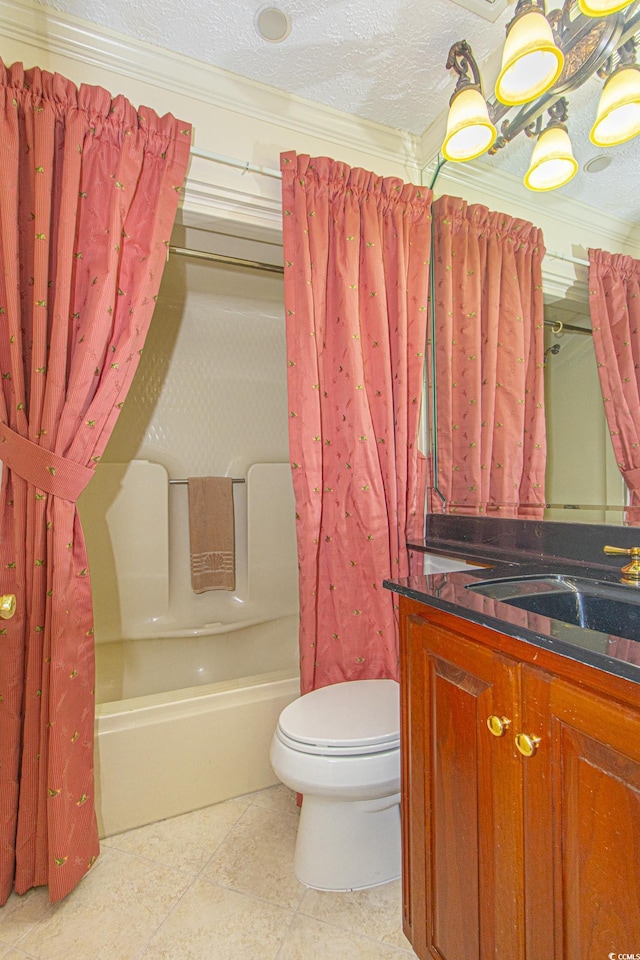 full bathroom with tile patterned flooring, vanity, toilet, a textured ceiling, and shower / bath combo with shower curtain