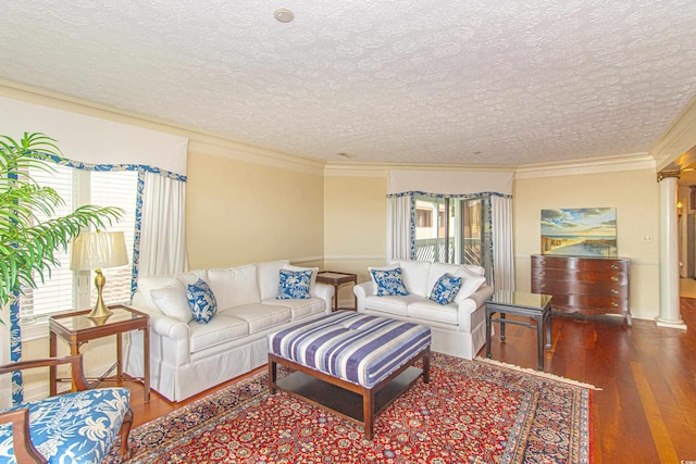 living room featuring dark wood-type flooring, ornamental molding, and a textured ceiling