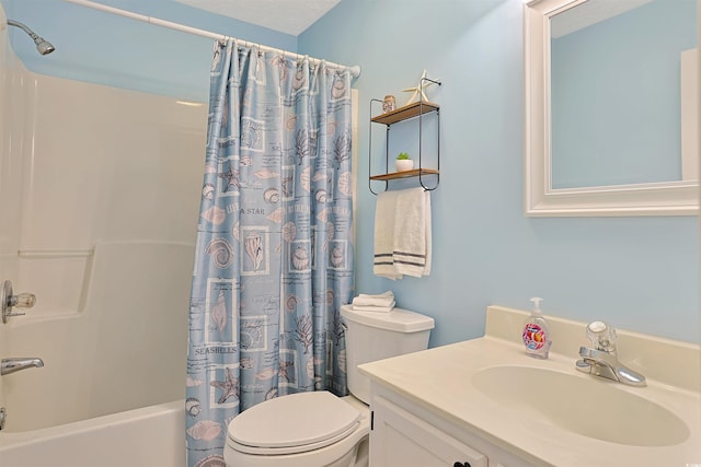 full bathroom featuring vanity, shower / bath combo, and toilet