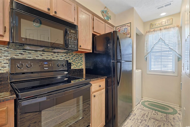 kitchen with backsplash, black appliances, and light brown cabinets