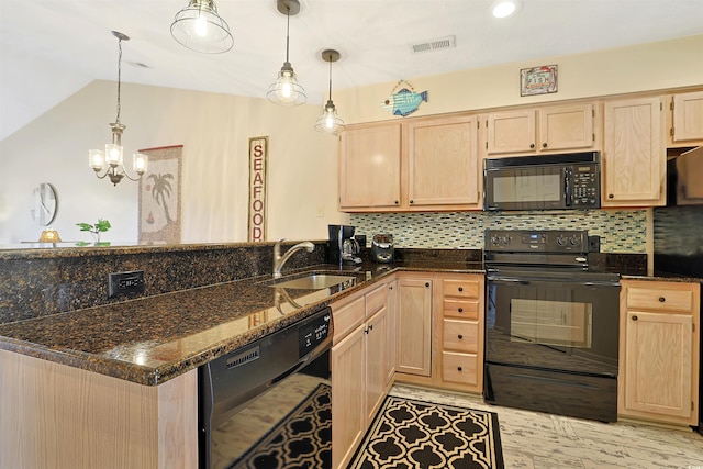 kitchen with sink, decorative light fixtures, black appliances, and light brown cabinets