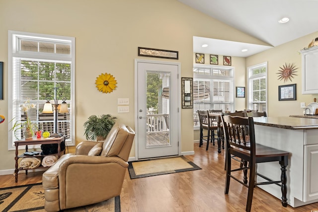 interior space with vaulted ceiling, light hardwood / wood-style flooring, and a wealth of natural light