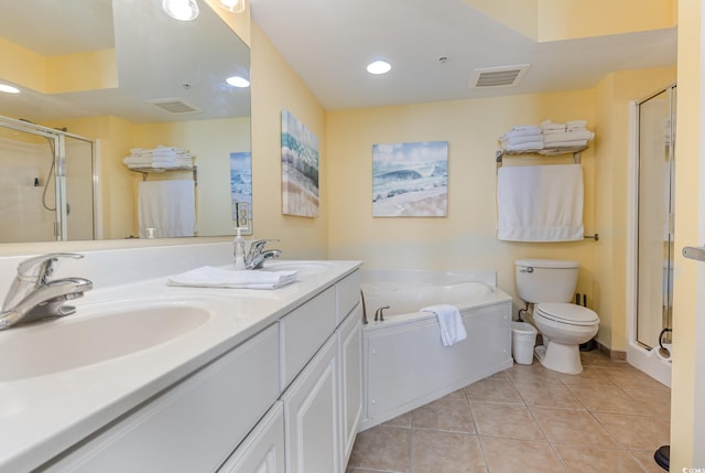 full bathroom featuring tile patterned flooring, vanity, plus walk in shower, and toilet