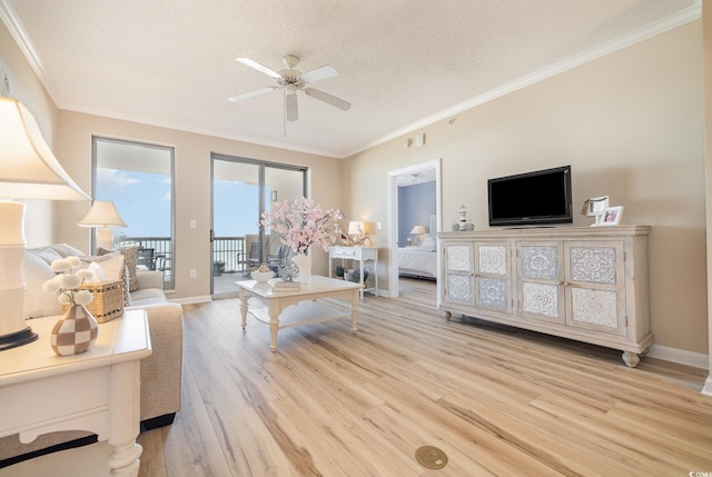 living room featuring ceiling fan, ornamental molding, light hardwood / wood-style floors, and a textured ceiling