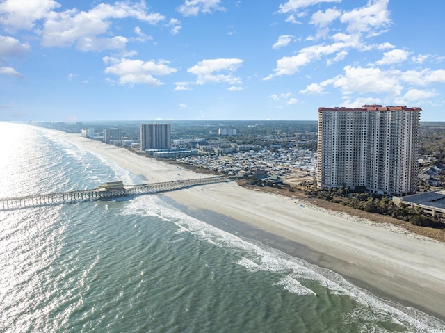 bird's eye view with a water view and a beach view