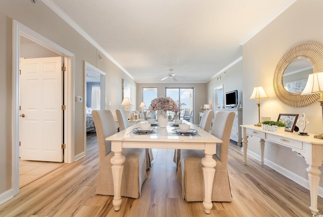 dining space with ornamental molding, ceiling fan, and light wood-type flooring