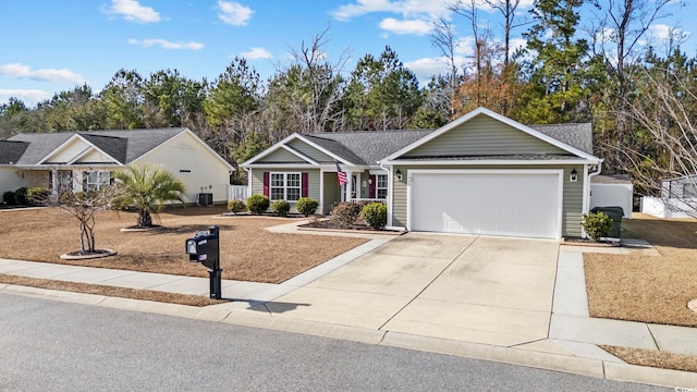 ranch-style home with a garage and cooling unit