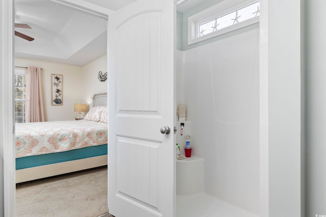 carpeted bedroom with multiple windows and a raised ceiling