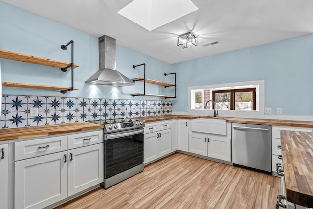 kitchen featuring appliances with stainless steel finishes, butcher block countertops, ventilation hood, white cabinetry, and sink