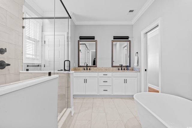 bathroom featuring ornamental molding, vanity, and plus walk in shower