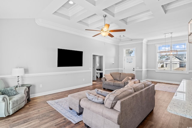 living room featuring crown molding, coffered ceiling, wood-type flooring, ceiling fan with notable chandelier, and beamed ceiling