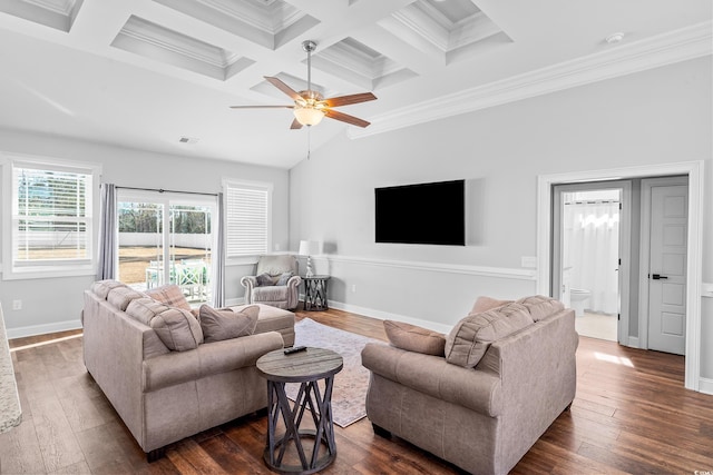 living room with dark hardwood / wood-style flooring, crown molding, beam ceiling, and coffered ceiling