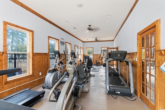 workout area featuring ceiling fan, ornamental molding, and wooden walls