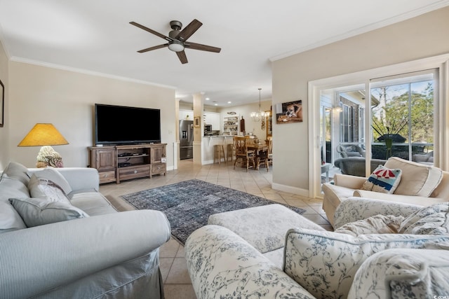 489-3 Golden Bear Dr Unit 3, Pawleys Island, SC 29585 - living room featuring a ceiling fan, ornamental molding, a chandelier, and light tile patterned floors