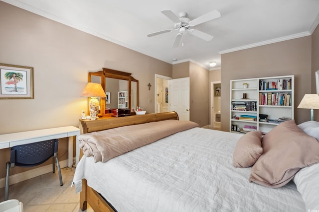 tiled bedroom featuring ornamental molding and ceiling fan