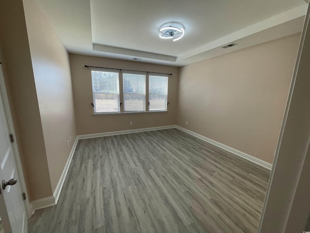 spare room with a raised ceiling and light hardwood / wood-style floors