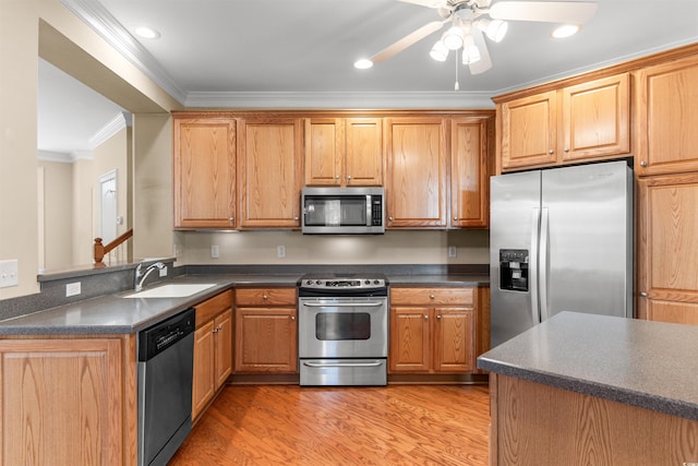 kitchen featuring sink, ornamental molding, ceiling fan, light hardwood / wood-style floors, and stainless steel appliances