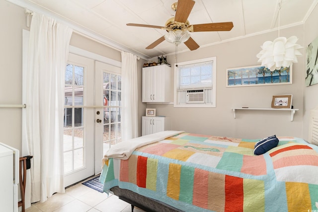 bedroom featuring multiple windows, ornamental molding, cooling unit, and ceiling fan