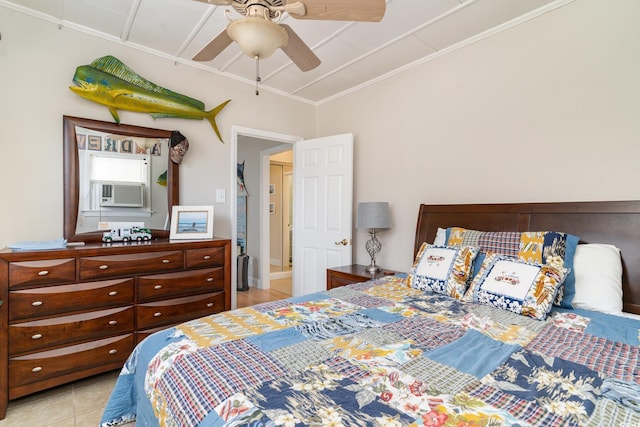 bedroom with cooling unit, ceiling fan, and light tile patterned flooring