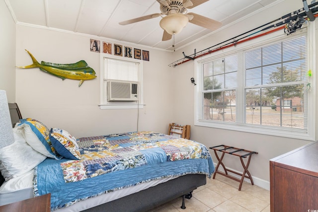 tiled bedroom featuring cooling unit, ornamental molding, and ceiling fan