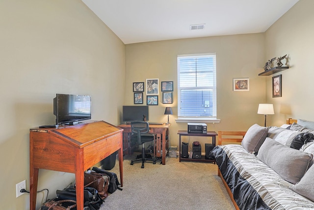 home office featuring light carpet