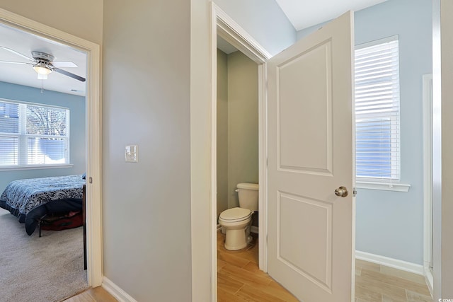 bathroom with ceiling fan, toilet, and hardwood / wood-style floors